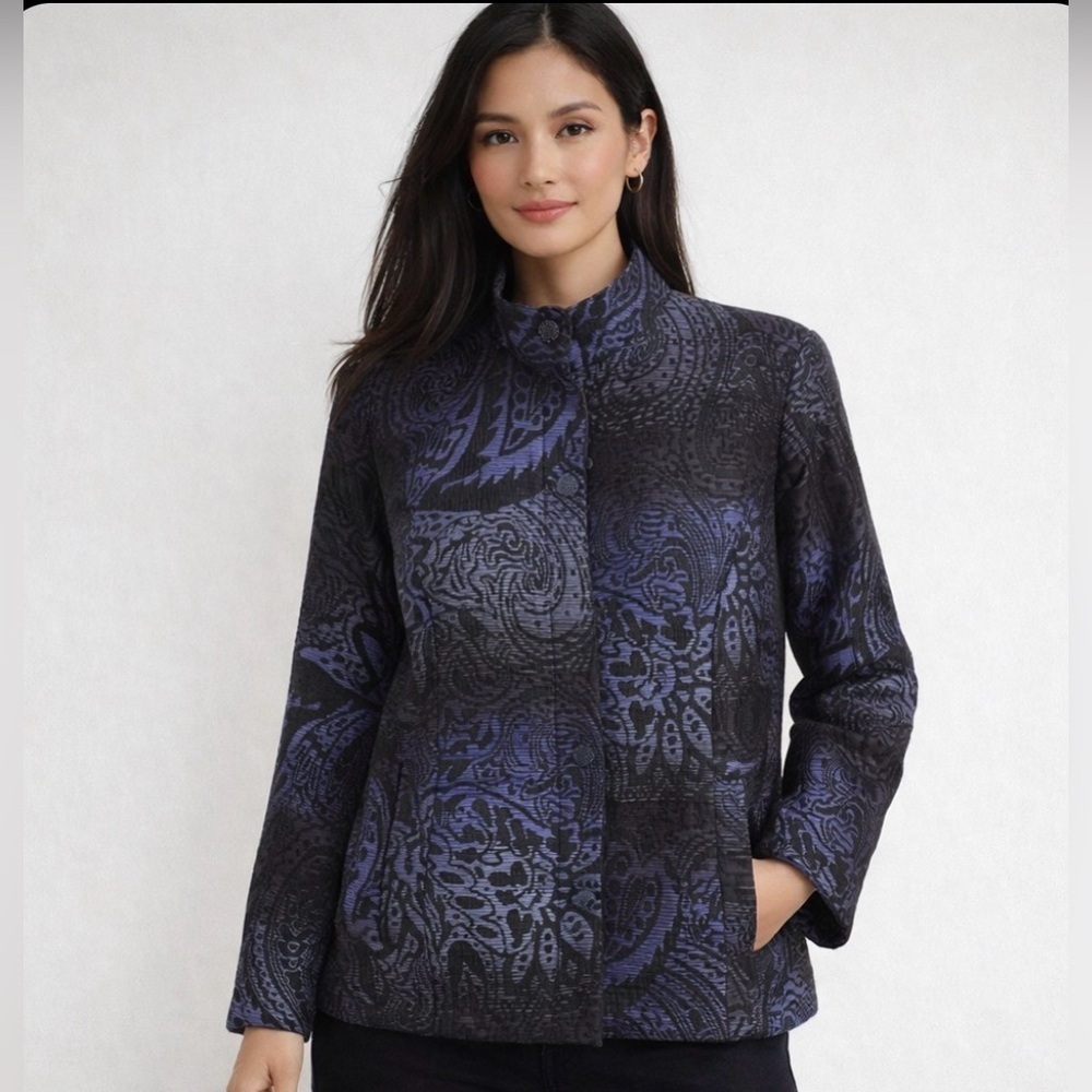 Chico’s Women’s Muse Paisley Button-Up Blazer Jacket Career Black/Purple Size 2